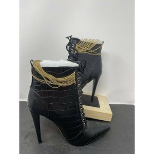 Shoedazzle - Keep Me High with Chain Booties - Faux Leather Black - Size 7.5